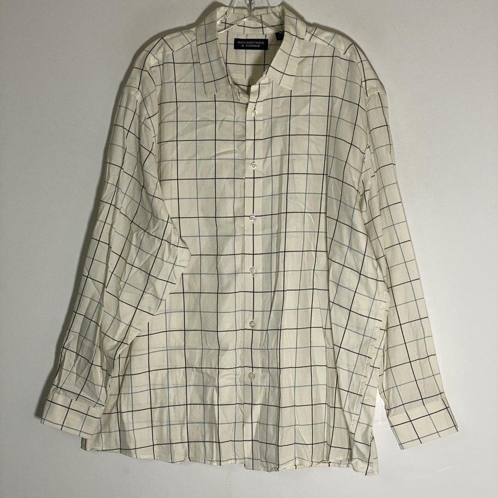 Roundtree & Yorke Shirt Mens XL White Check Button Front Long Sleeve Dress